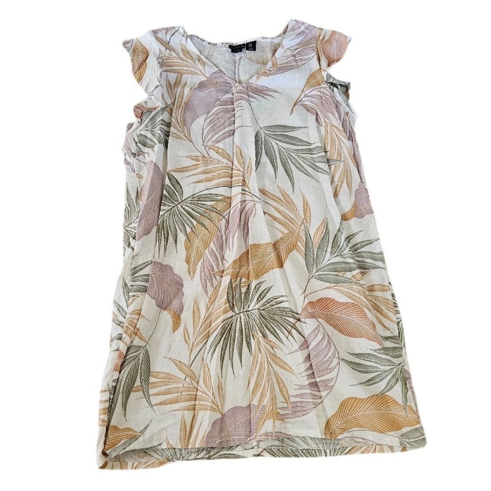 Tahari Linen Shift Dress Womens 1X Tropical Palm Print Ruffle Sleeve V-Neck Tan